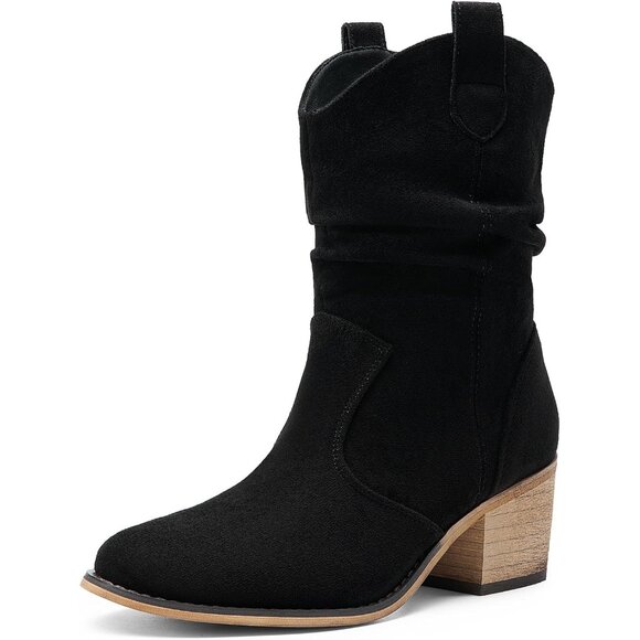 Women's Black Modern Cowboy Boots Mid Calf Round Toe Chunky Heel Ankle Boots - Picture 1 of 7